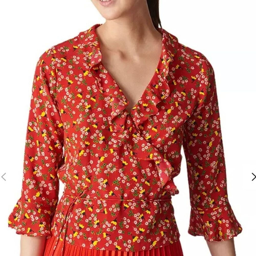 Whistles 100% Silk Red Peony Floral Crepe Wrap Top Size US 4